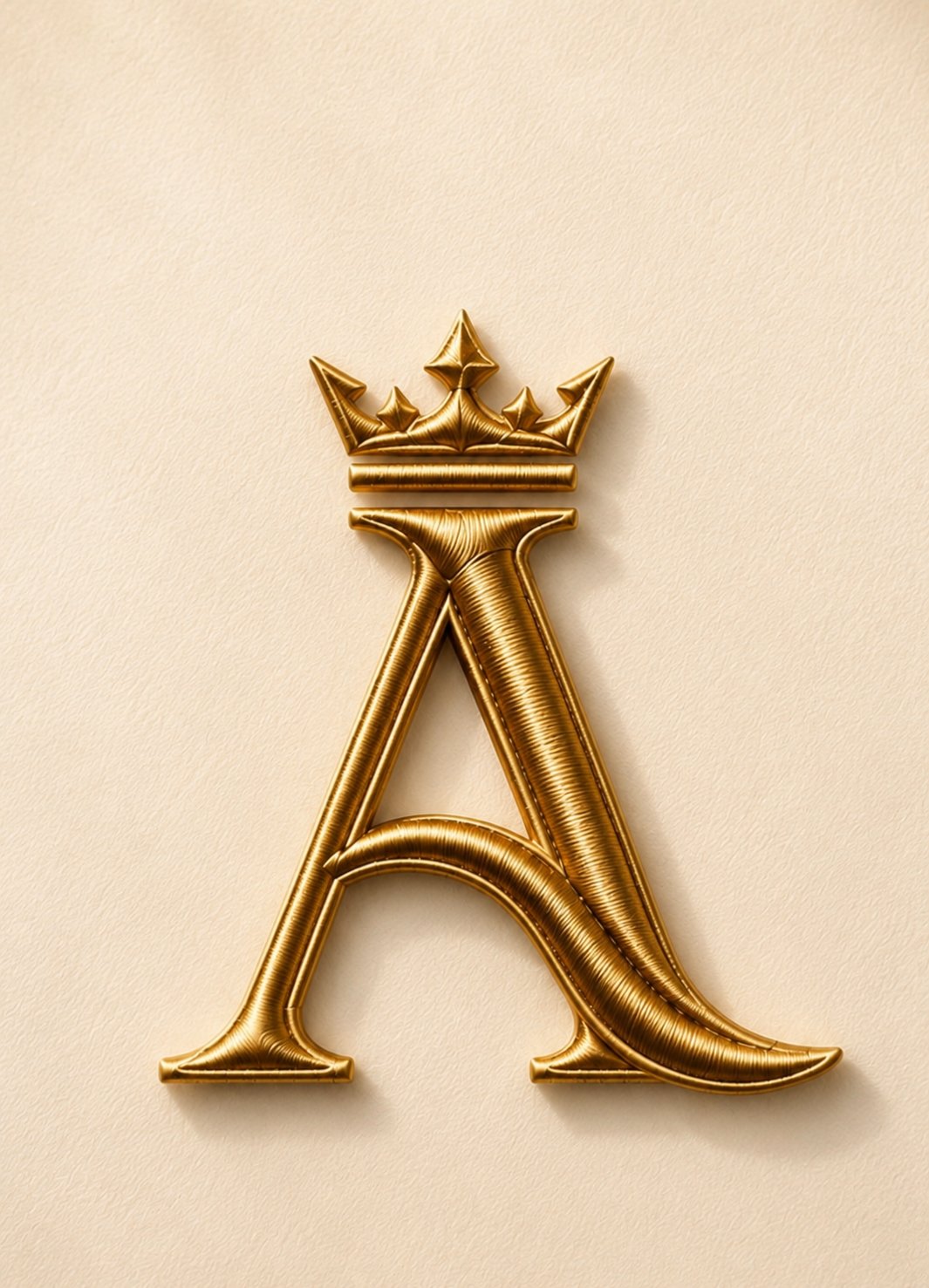 The crowned A of ATURAÈ — gold embroidery on ivory