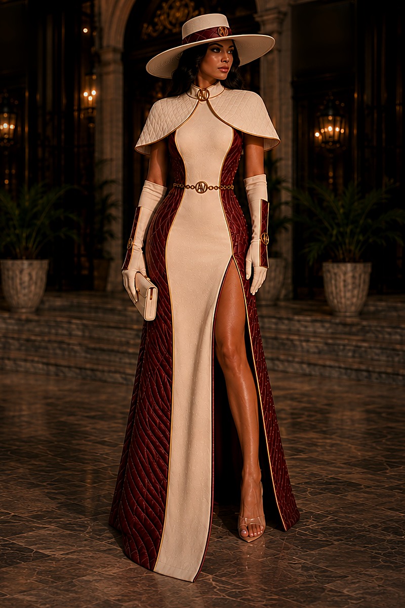 Study — the Vontiérrè Signature gown in ivory with quilted oxblood panels, a matching capelet and wide-brim hat, worn at night before a grand hotel
